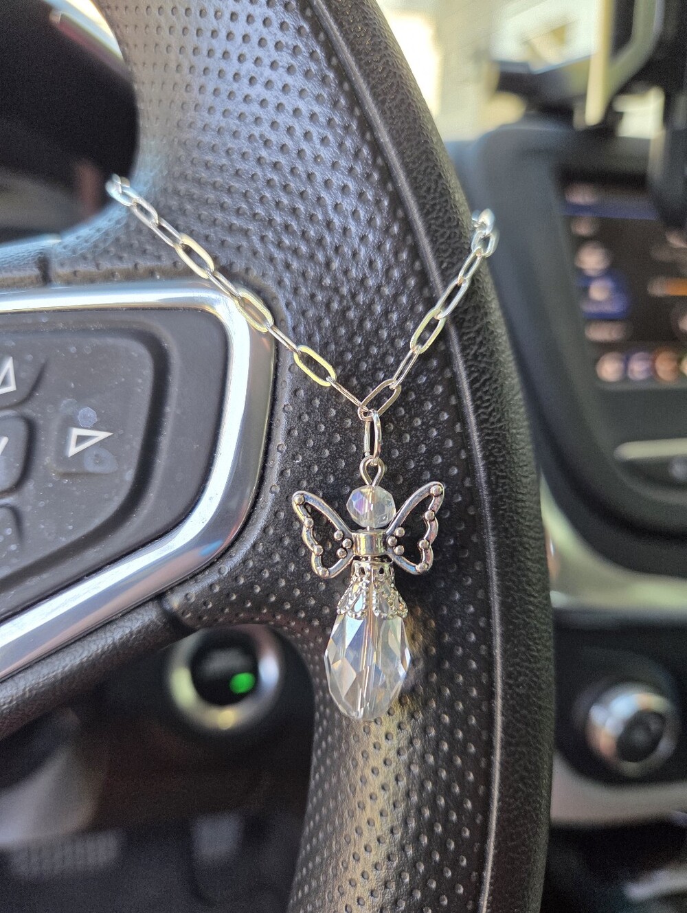 Hand Crafted Clear Crystal Angel Steering Wheel Charm Silver Chain Mirror Charm